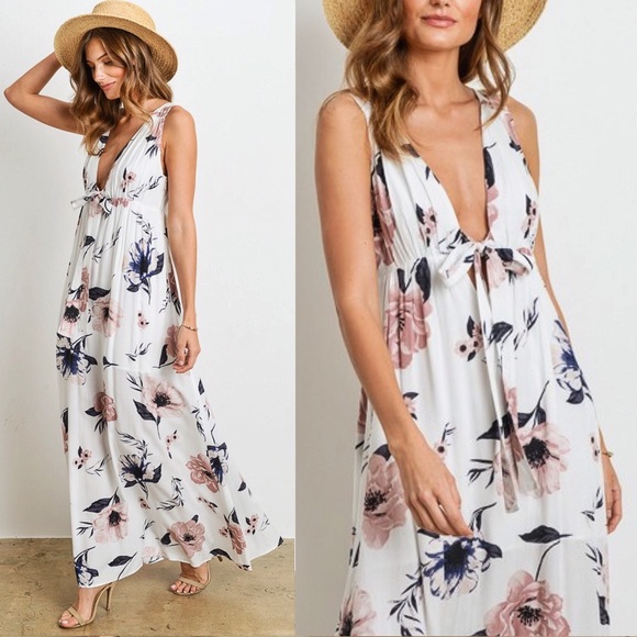 Floral Plunge Tie Front Maxi Dress | White - Picture 3 of 8